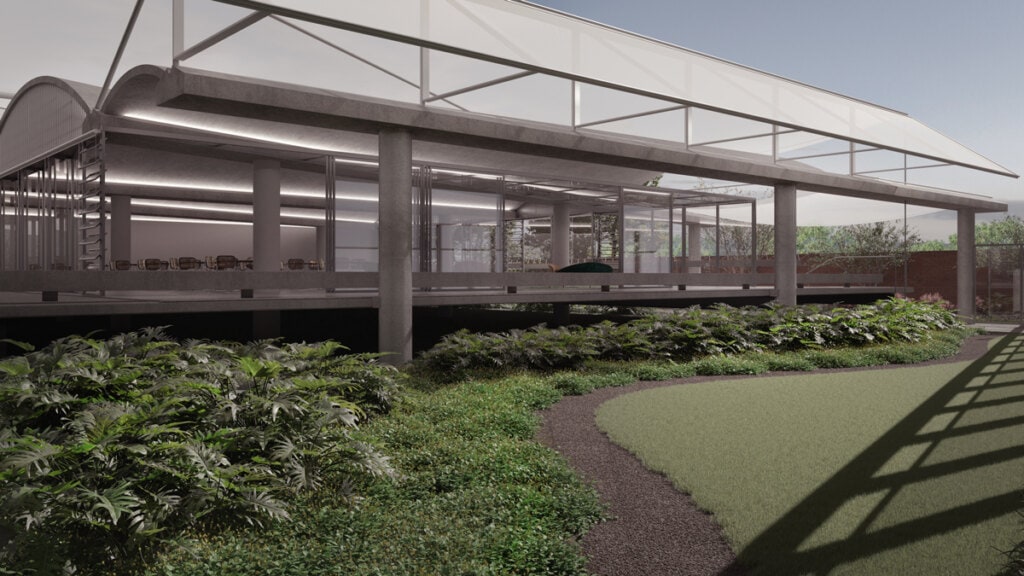 A nova edificacao da sede do clube da OAB/AM eleva-se levemente do solo e garante sombreamento e ampla ventilação cruzada, adequando-se às melhores práticas para o perfil climático de Manaus.