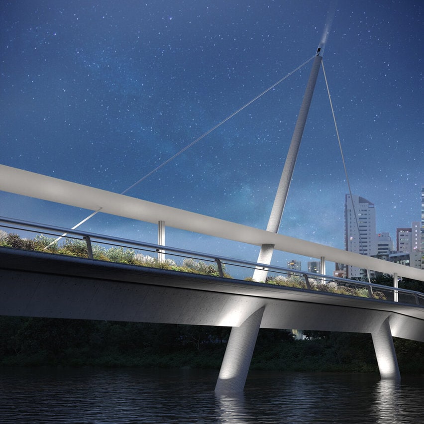 Estais pontuais compõem a solução estrutural que equilibra racionalmente forças de tração e compressão.