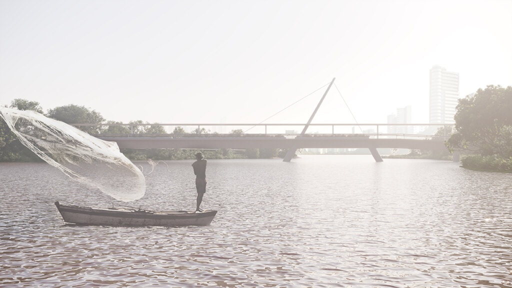 As estruturas elogiam a horizontalidade do largo leito do rio Capibaribe. A linha se equilibra com o auxílio de uma geometria precisa e calibrada cuidadosamente para escala do local. Harmonia e discrição para a longevidade.