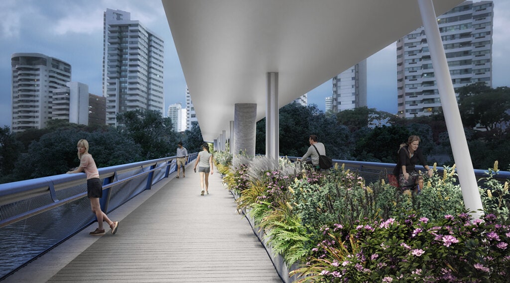 A área de pedestres é protegida da área de transportes de maior velocidade por bancos-floreiras.