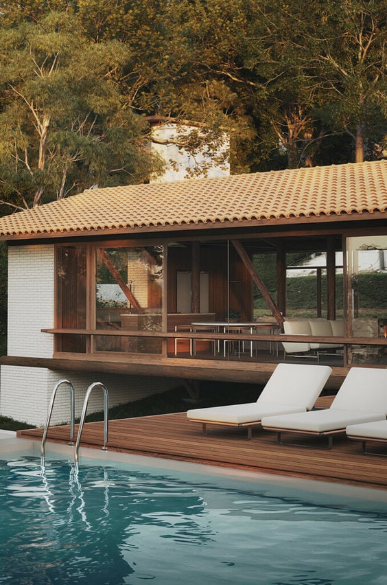 Detalhe do espaço externo da piscina compartilhada.