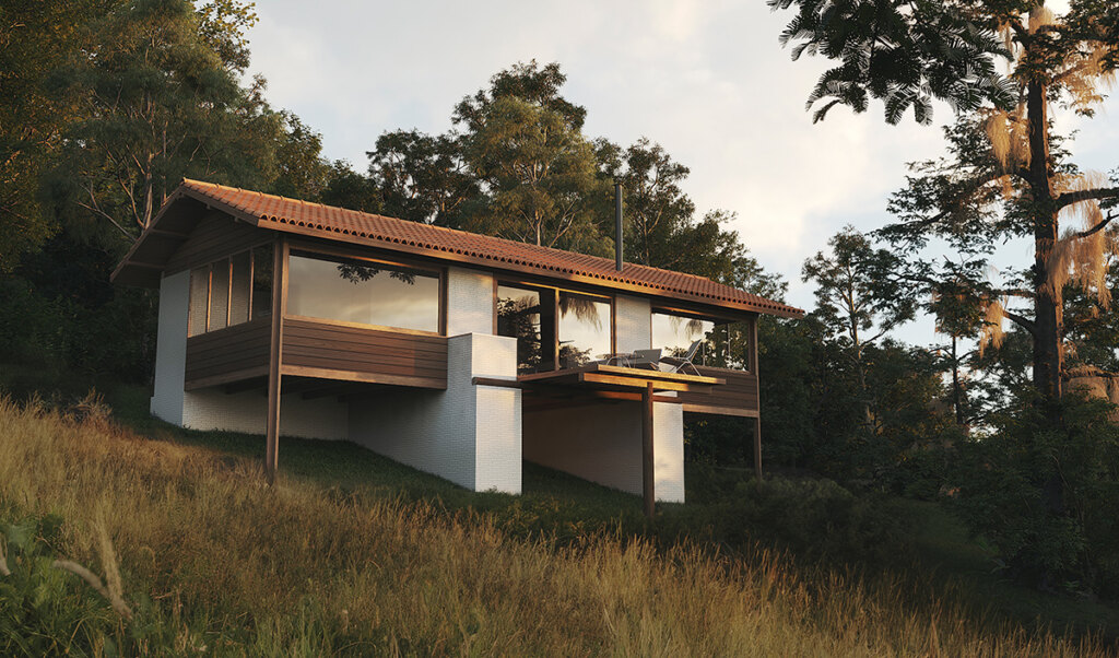 As unidades privativas com dois dormitórios se caracterizam pelos quartos panorâmicos em estrutura de madeira associados a um núcleo de tijolos que acomoda faixas de apoio e define o estar compartilhado. 