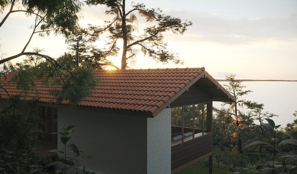 A fachada das unidades privativas que se volta para as vias internas de circulação é em sua maior área definida por paredes maciças de tijolos, proporção que se inverte nas fachadas voltadas para a pendente que leva ao lago.