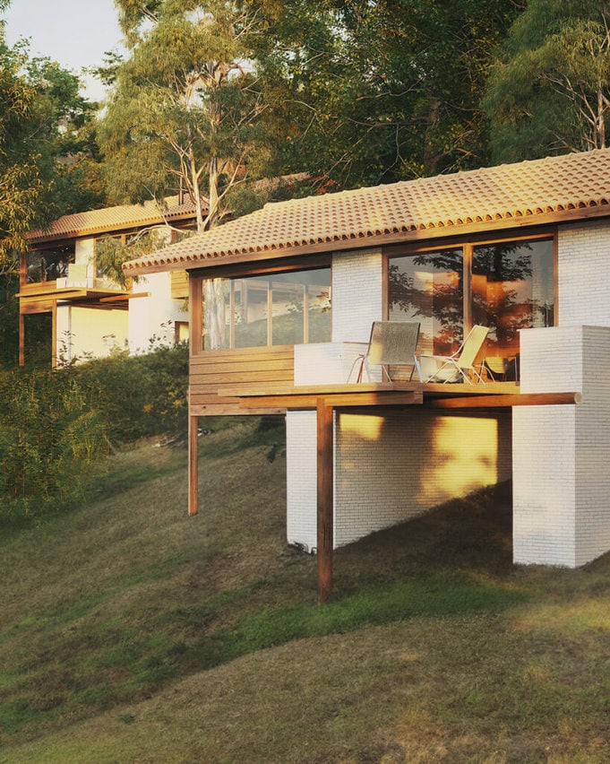 A implantação das unidades privativas busca oportunidades no sítio para garantir as melhores visuais e a privacidade dos visitantes.