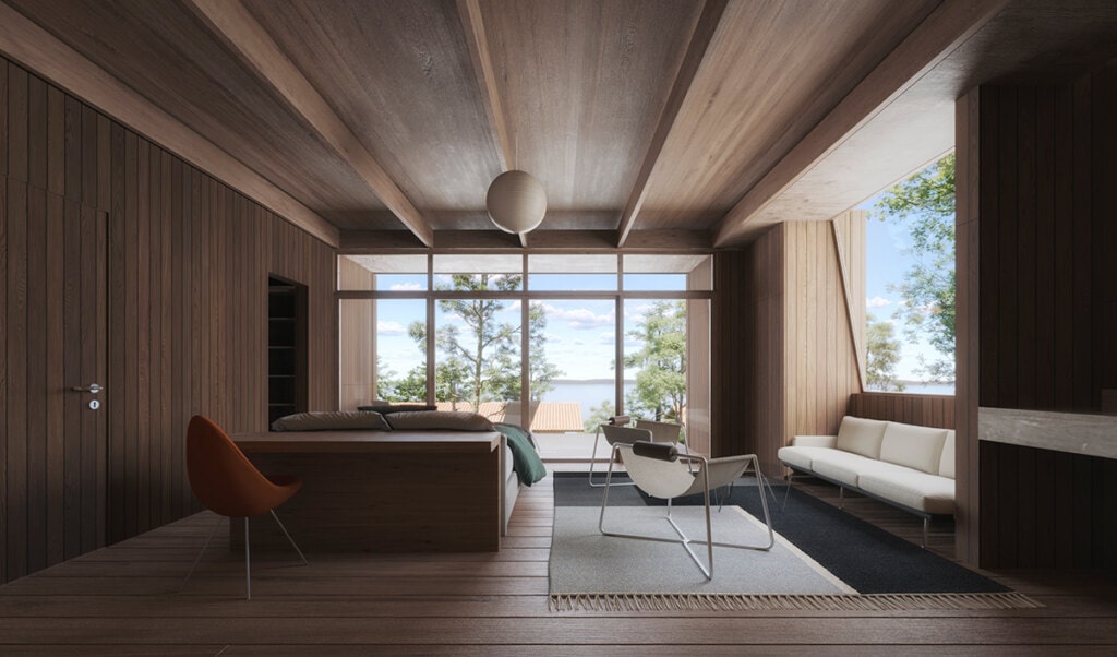 Vista interna de uma cabana pequena, de um dormitório.