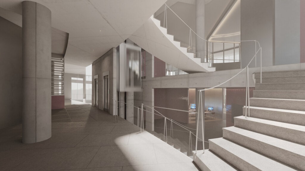 A circulação centralizada conecta as lajes organizadas verticalmente em uma sequência alternada de níveis.