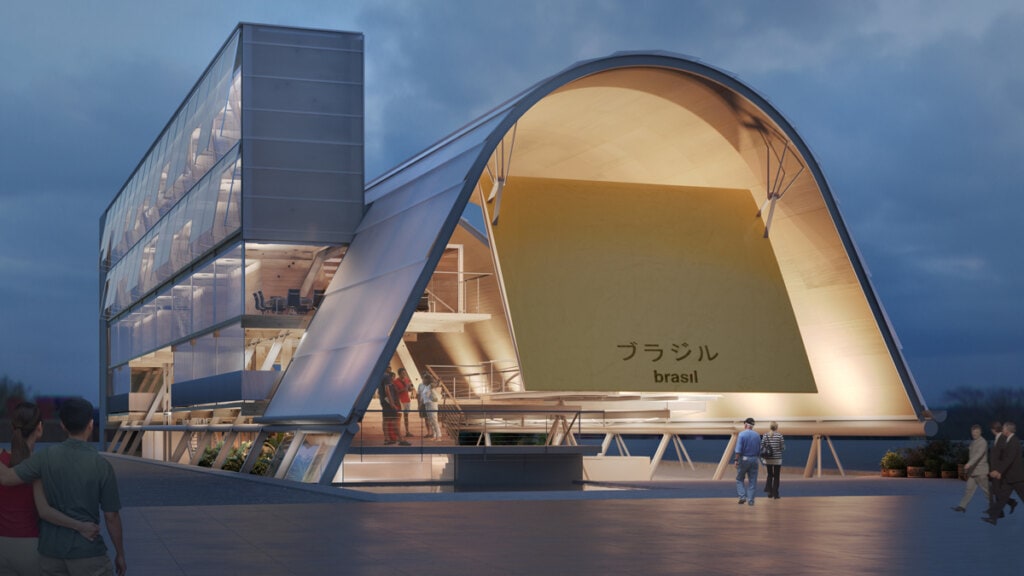 A grande peça suspensa que vela o interior do pavilhão rememora a solução de Paulo Mendes da Rocha para as esquadrias da casa no Butantã, que encontram repouso na posição inclinada a partir da ação da força da gravidade.