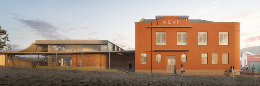 O Clube dos Ferroviários encontra na edificação destinada à Escola Municipal de Artes Eduardo Trevisan um complemento de volumetria discreta, ainda que não emudecida. A nova edificação proposta articula-se com a edificação tombada do Clube através de uma marquise sutilmente curvilínea sustentada por trilhos de trem e uma parede autorportante de alvenaria maciça, ambos reaproveitados das edificações destinadas à demolição. A volumetria original reestabelecida do Clube dos Ferroviários destaca-se no conjunto, com suas arestas bem definidas estabelecendo em definitivo sua proeminência junto à esquina das ruas Manuel Ribas e Dr. Vauthier.