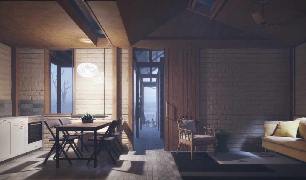 O eixo de circulação da casa propicia uma organização otimizada das atividades. Detalhe de ventilação efeito chaminé na laje.