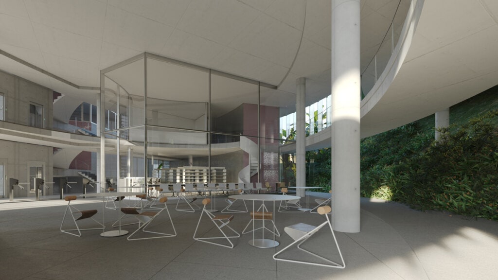 Vazio central que reforça a ventilação cruzada e a saída superior do ar aquecido.