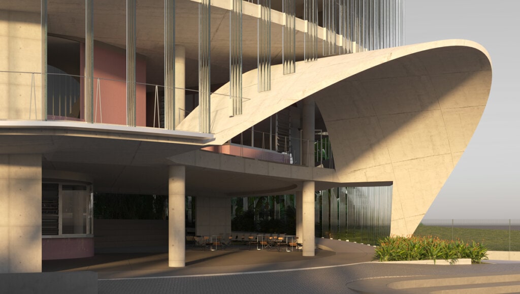 O pórtico de acesso curvado interrompe respeitosamente os brises em vidro.