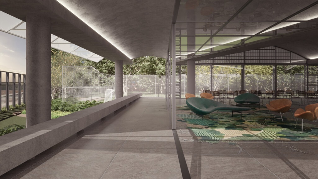 As áreas internas e exeternas integram-se naturalmente em dias de clima agradável, criando um contínuo entre as galerias periférias e as areas de uso intensivo.