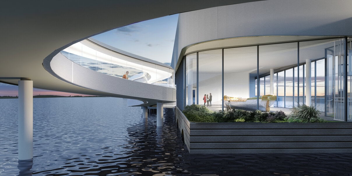 The progression of the pathway culminates in the ramp with a view of the Carioca maritime landscape.