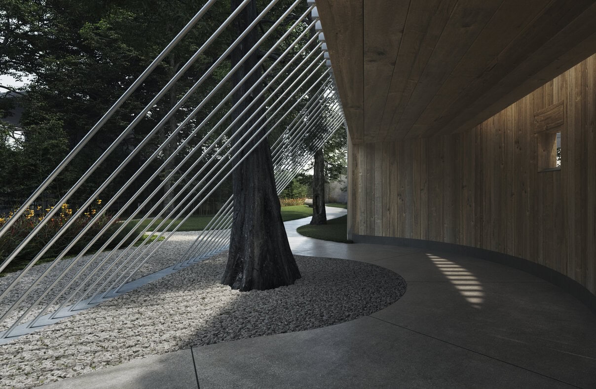 Logo no início do percurso, em uma espécie de abside invertida, temos uma breve oportunidade de antecipar o interior do Memorial. Todos/as sabemos o que é ver o mundo através de uma janela.