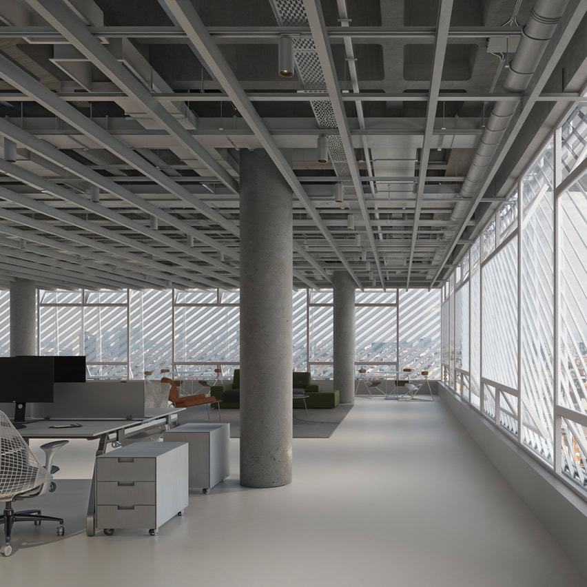 Nos pavimentos administrativos, a circulação perimetral e a planta livre integram os espaços de trabalho e mantêm livres as visadas da cidade.