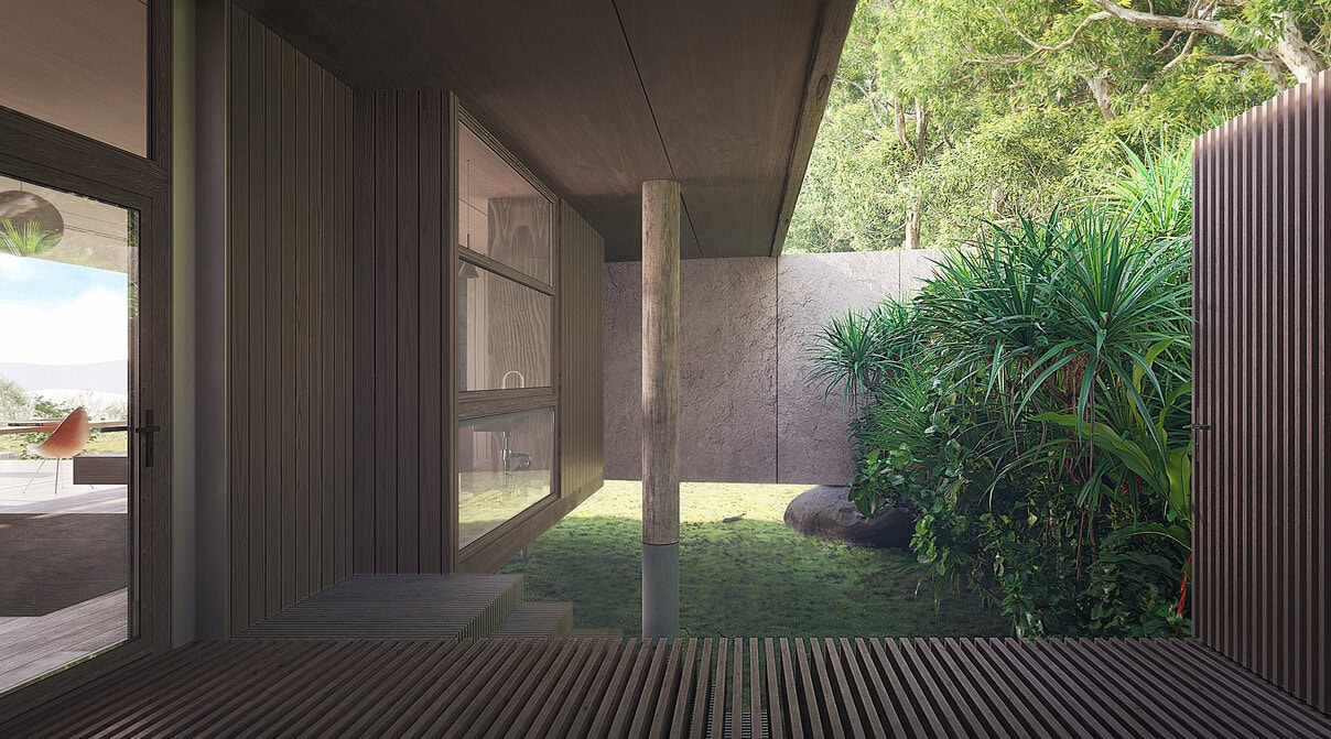 O acesso às cabanas se dá através de um deck que atravessa um pátio privativo interno, protegido visualmente através do paisagismo.