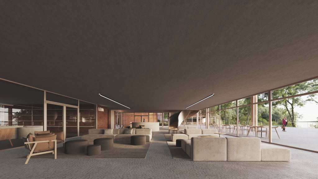 A recepção direciona os usuários para os espaços de estar, para a loja ou para o segundo pavimento.