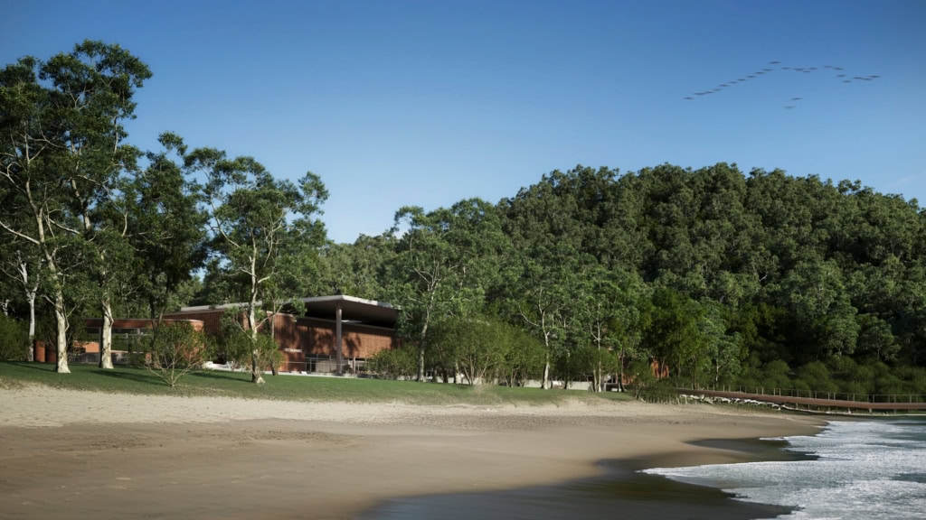 O complexo da Praia da Pedreira é marcado pela horizontalidade, com a premissa de não se destacar em altura sobre a vegetação existente.
