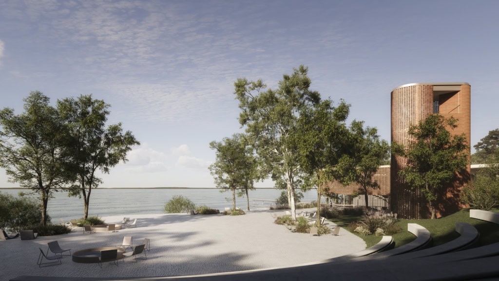 A clareira se desenvolve como um espaço de estar externo, com uma arquibancada acomodada nas curvas de níveis para visualização do pôr do sol no Guaíba.