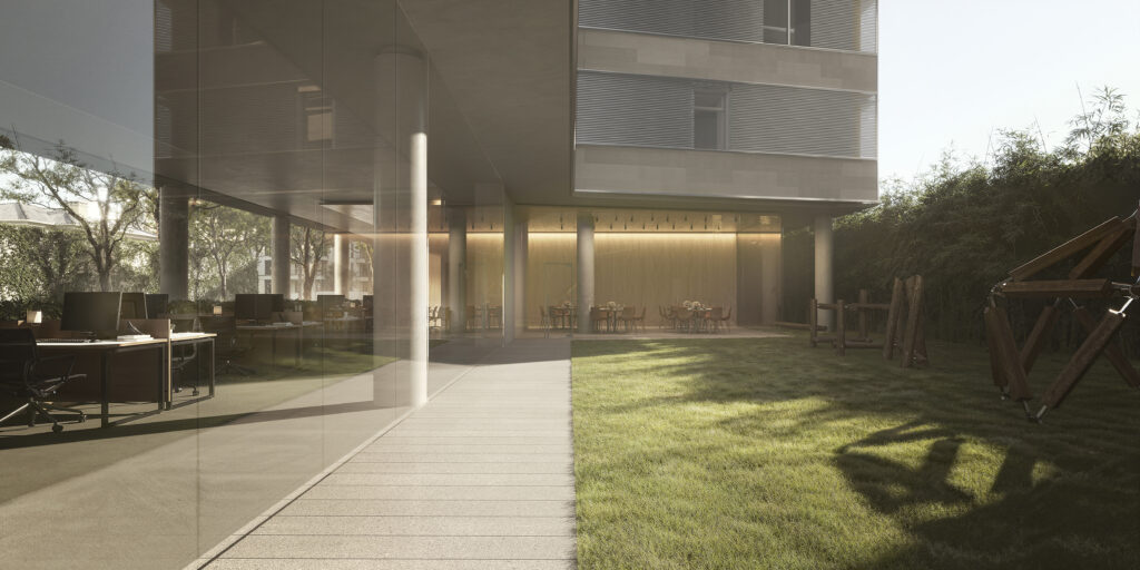 A galeria coberta do térreo complementa generosamente o passeio público e desenha o bairro com sombra, ritmo, proteção e elementos de conexão visual com os movimentos internos do edifício. A loja se valoriza com suas três fachadas disponíveis para vitrines.