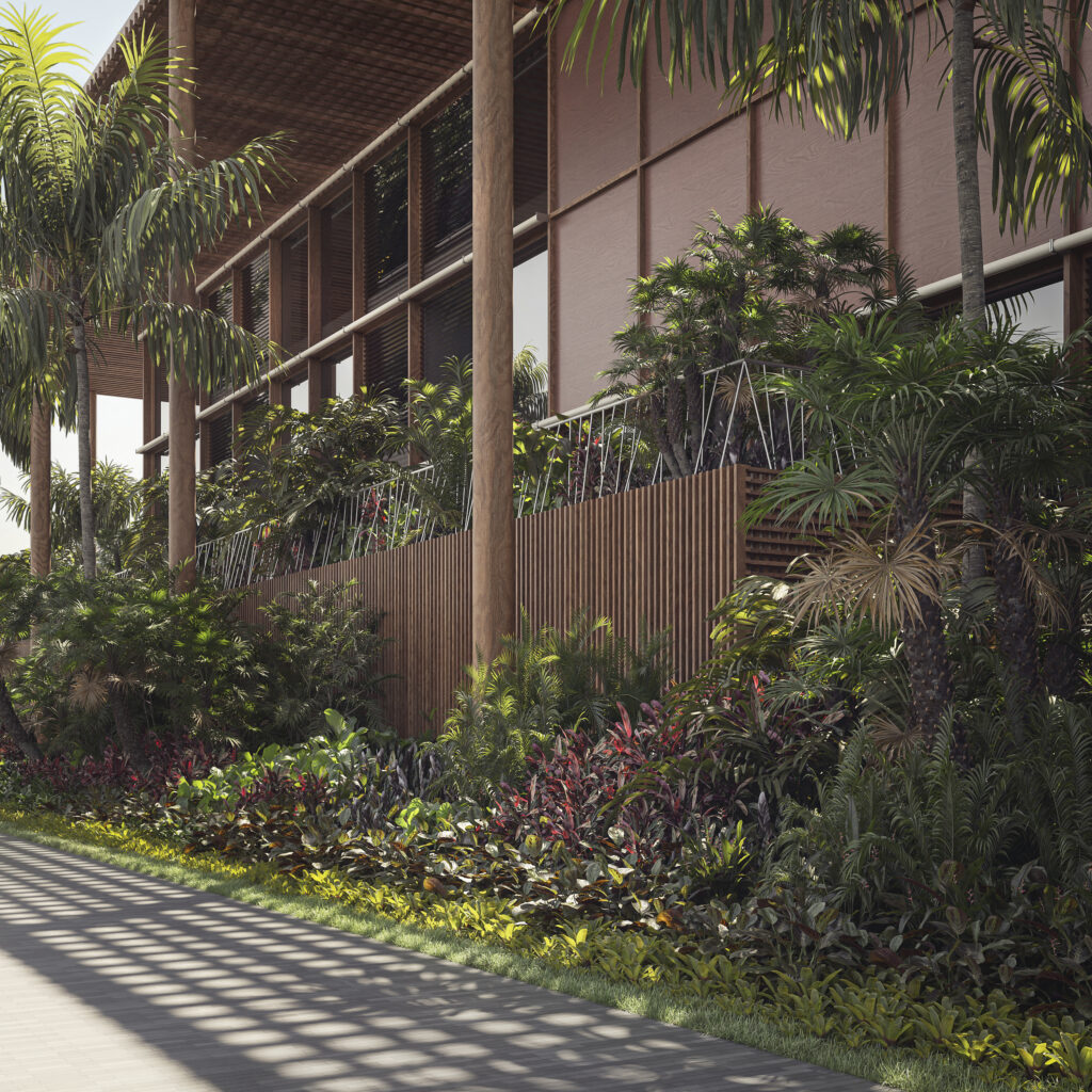 O paisagismo valoriza o contexto amazônico e a cultura local, com predominância de espécies nativas e adaptadas ao bioma