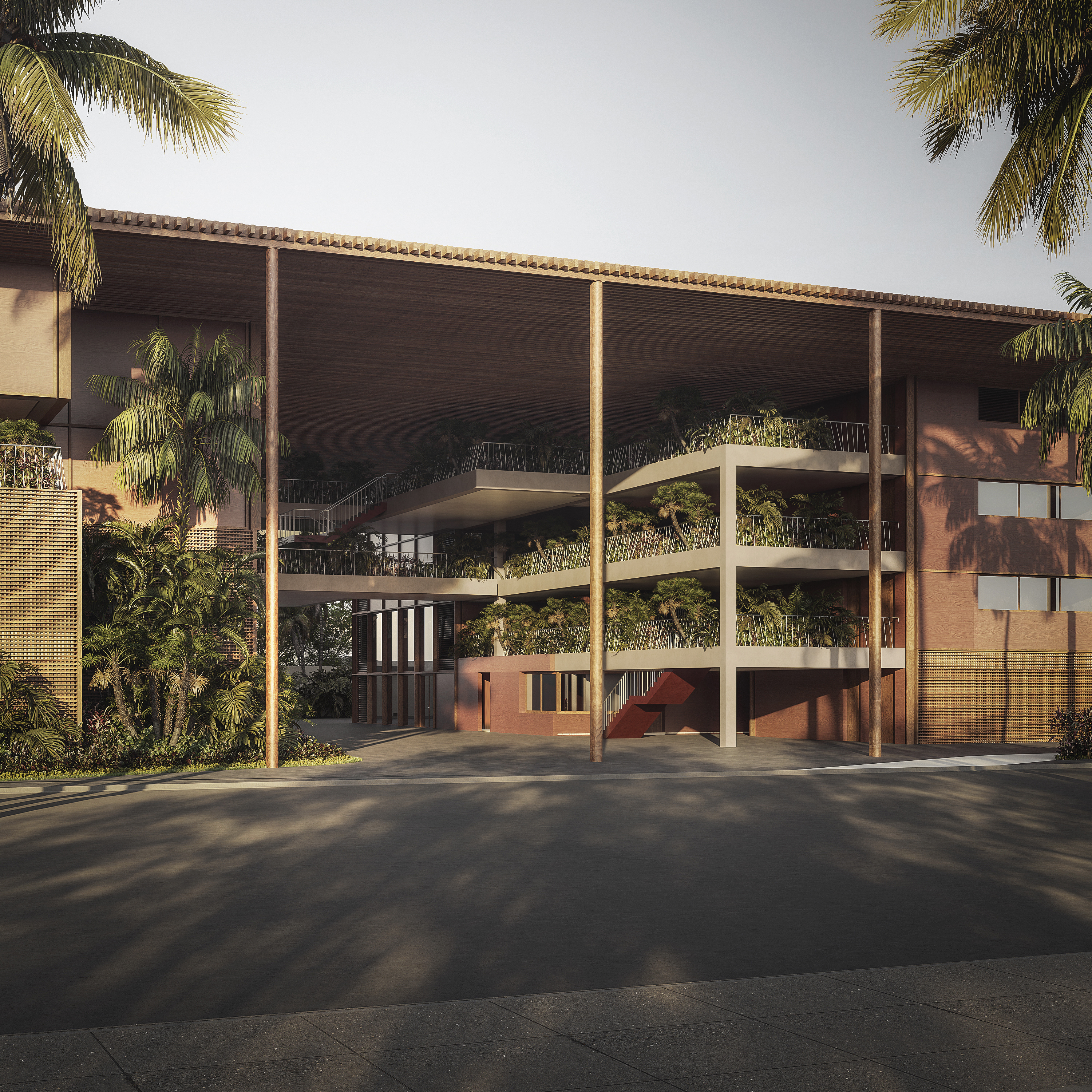 Átrio público organizado a partir de uma praça central, protegido por uma grande cobertura que abriga todos os programas.