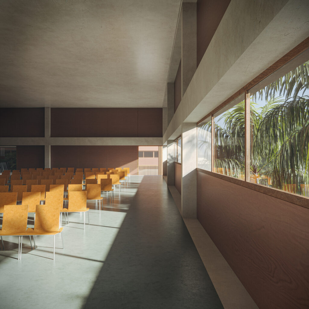 O projeto adota Soluções Baseadas na Natureza por meio de materiais e princípios inspirados nos processos amazônicos, destacando o uso extensivo da madeira.