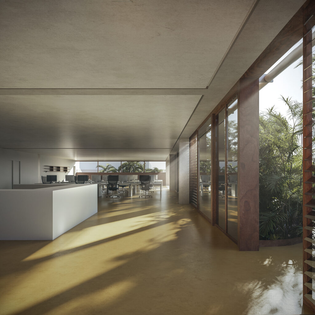 Fechamentos em madeira associados à vegetação formam uma camada de sombreamento que reduz a radiação nas fachadas.